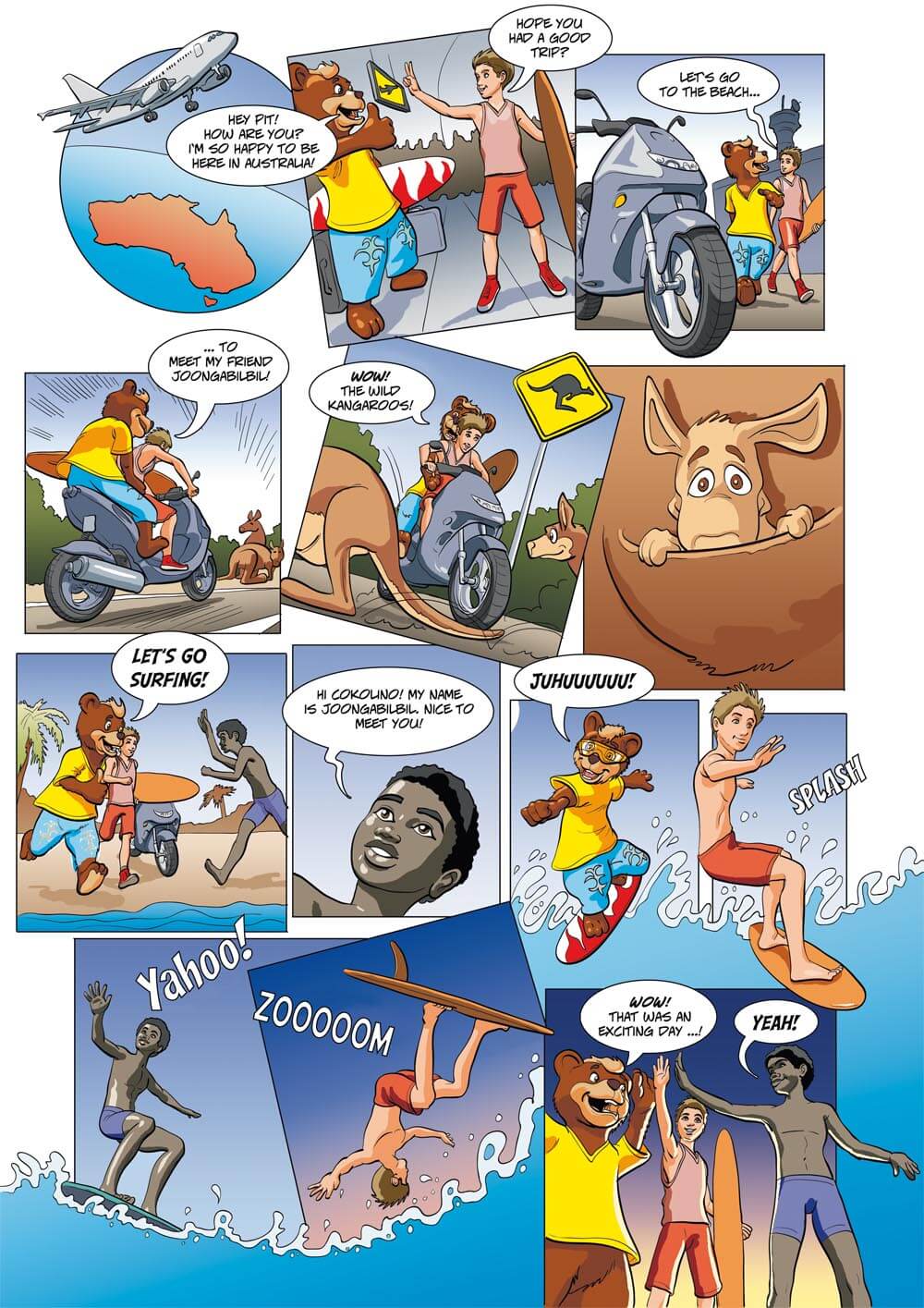Comic-Strip über Cokolino mit Surfern